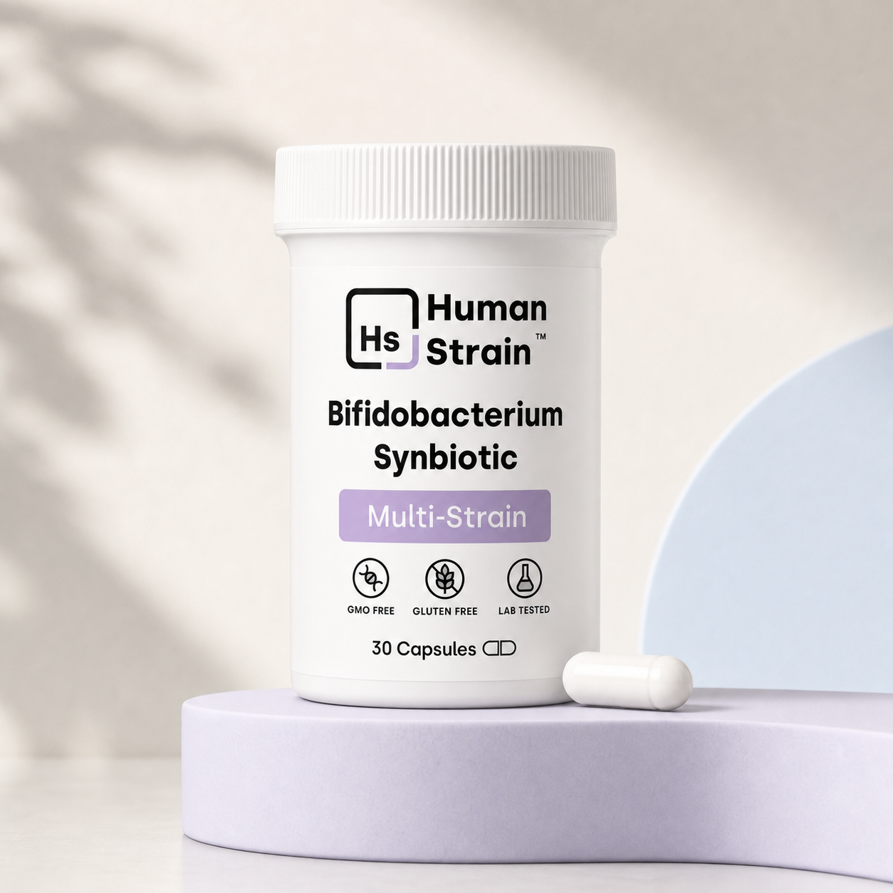Bifidobacterium Synbiotic bottle on a lilac plinth