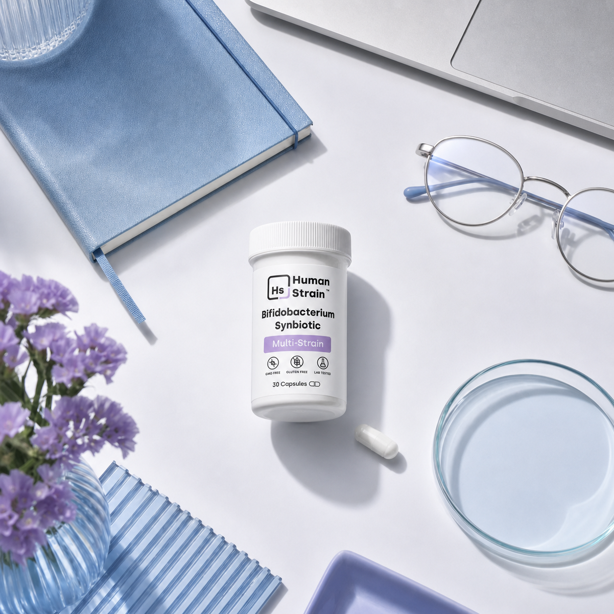 Human Strain Bifidobacterium Synbiotic on a bright science desk